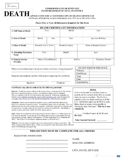 Download USA Commonwealth of Kentucky death certificate Photoshop template